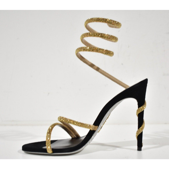 Rene Caovilla Margot Black Gold Crystal Ankle Wrap Strap Sandal Heel Pump 39 - Picture 8 of 12